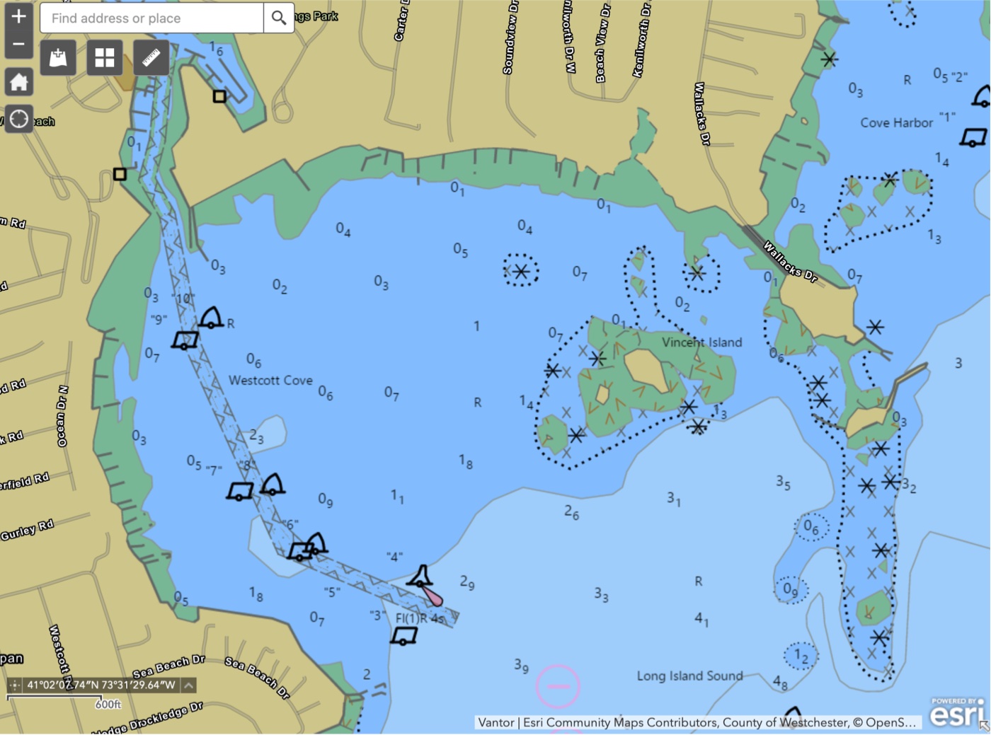 NOAA chart reproduced in the proposal, showing shallow areas and rock hazards north of Vincent Island